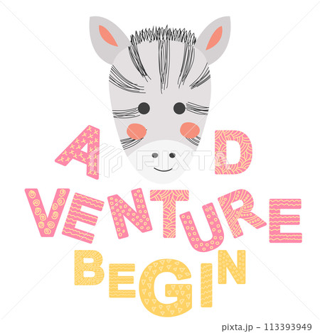 Cute face of an animal with lettering. Childish print for nursery in a Scandinavian style. baby posters, cards, clothes Cute face of an animal with lettering. Childish print for nursery in a Scandinavian style. baby posters, cards, clothes 113393949
