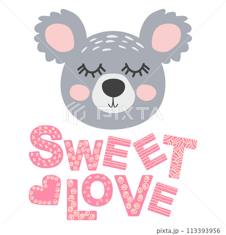 Cute face of an animal with lettering. Childish print for nursery in a Scandinavian style. baby posters, cards, clothes 113393956