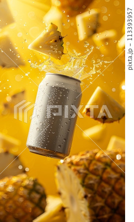 Aluminum can with pineapple pieces and splash on vibrant yellow background. Exotic tropical fruit soda water 113393957