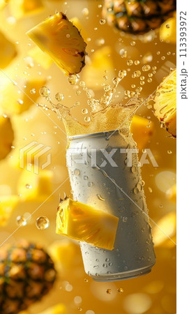 Aluminum can with pineapple pieces and water splash on vibrant yellow background. Tropical fruit soda line 113393972
