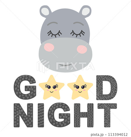 Cute face of an animal with lettering. Childish print for nursery in a Scandinavian style. baby posters, cards, clothes 113394012
