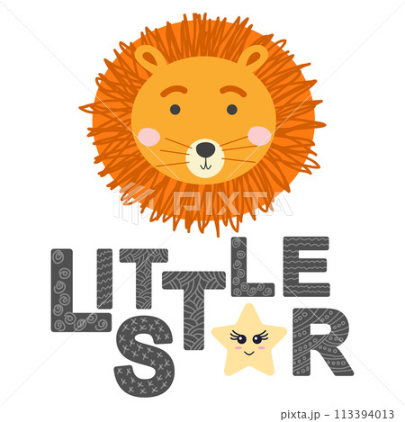 Cute face of an animal with lettering. Childish print for nursery in a Scandinavian style. baby posters, cards, clothes 113394013