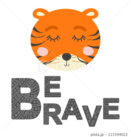 Cute face of an animal with lettering. Childish print for nursery in a Scandinavian style. baby posters, cards, clothes 113394022