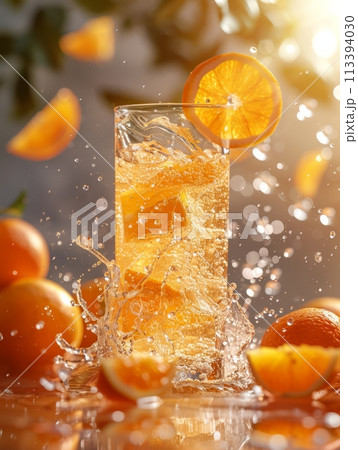 Glass of orange juice with slice of orange, water splashes and slices on oranges on background. Warm sunny image. Summer vibe 113394030