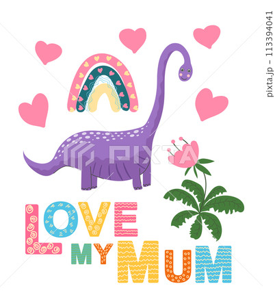 Scandinavian hand drawn illustration with dinosaur, dragon for greeting card, t-shirt, print, stickers, poster design 113394041
