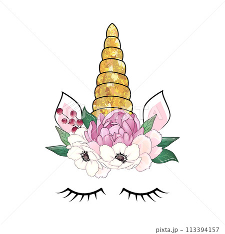 Cute unicorn with floral wreath and gold glitter horn. Vector hand drawn illustration 113394157