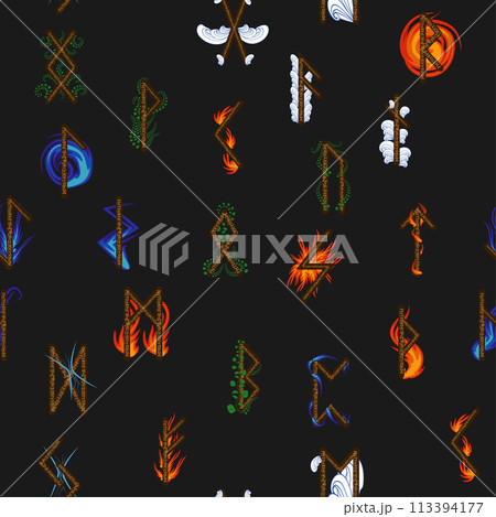 Hand drawn runic letters seamless pattern with elemental symbols. Magic signs and symbols of Scandinavian culture 113394177
