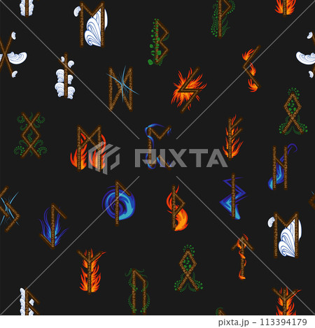 Hand drawn runic letters seamless pattern with elemental symbols. Magic signs and symbols of Scandinavian culture 113394179