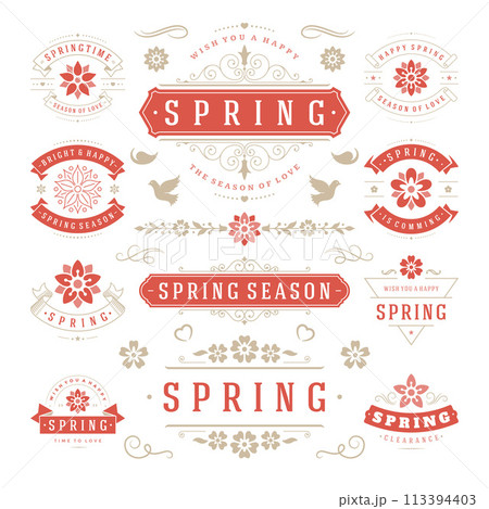 Spring Typographic Design Set. Retro and Vintage Style Templates. 113394403