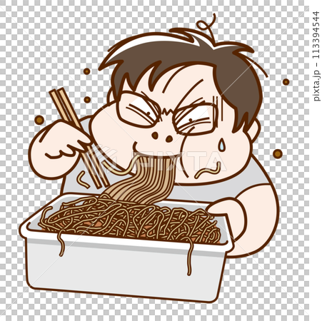超大盛りのカップ焼きそばを食べる男性 113394544