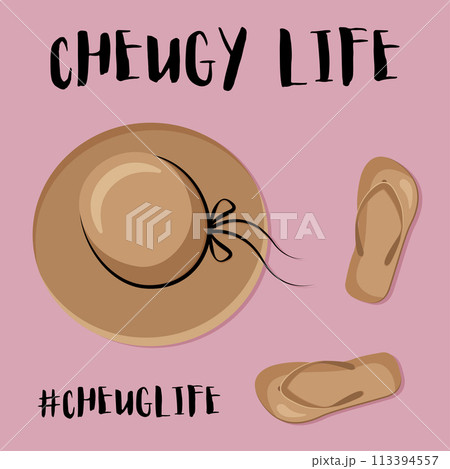 Cheugy life. Brimmed hat and flip flops are cheuglife elements. Millenial trends. Quotes about old-fashioned and untrendy stuff. Vector illustration. 113394557