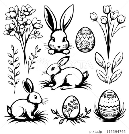 A set of black and white drawings rabbits and flowers 113394763
