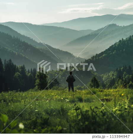 man is far away, standing in a green clearing with his back against the backdrop of mountains covered with forest. Summer, sunny day, backlight, wide angle. 113394947