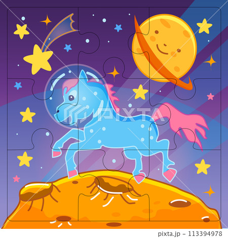 Vector children's puzzle with a little pony in space. 113394978