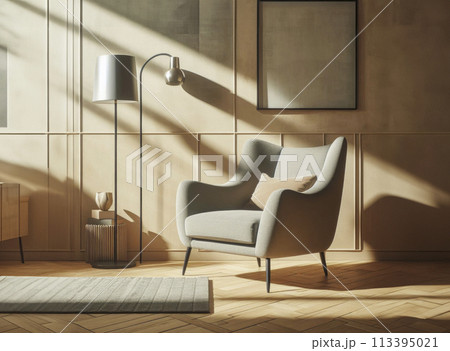 Living room with wood flooring, brick wall, and art fixture on the wall Living room with wood flooring, brick wall, and art fixture on the wall 113395021
