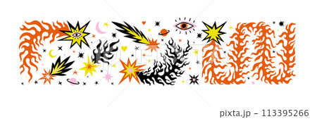 Boho celestial magic art star comet flame fire. Contemporary illustration in naive bohemian style. Mystic cosmic tarot aesthetic. Black red yellow colors. Sticker pack isolated on white background. 113395266
