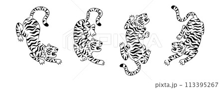 Boho celestial magic art tiger. Contemporary illustration in playful naive bohemian style. Mystic cosmic tarot aesthetic. Black colors. Sticker or print isolated on white background. 113395267