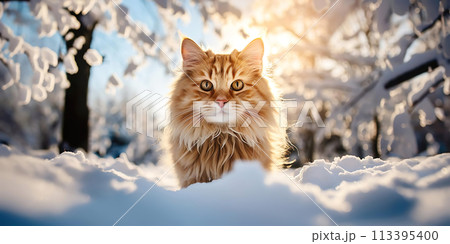 Pretty red cat sitting outdoors on the snow. 113395400