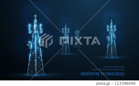 Abstract antenna mast on blue. 5G technology, telecommunication industry Abstract antenna mast on blue. 5G technology, telecommunication industry 113396040