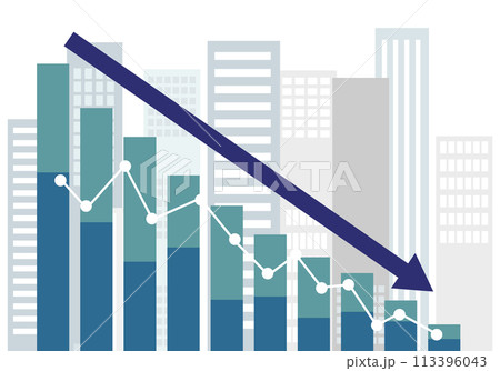 右肩下がりに下がるグラフと高層ビルフラットイラスト 113396043