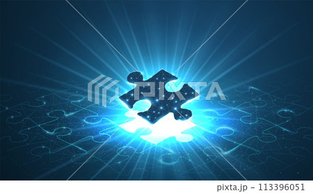 Single puzzle under a puzzle pattern with a shining bright puzzle hole. 3d abstract low pole. 113396051
