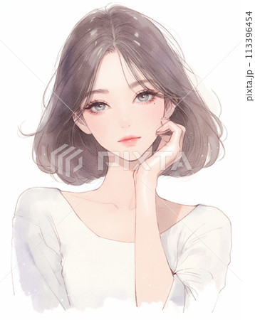 綺麗なボブヘアーのお姉さんのイラスト　水彩画風「AI生成画像」 113396454
