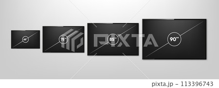 TV Screen Sizes. Smart TV icon collection. Diagonal screen size in 65, 75, 85 and 90 inches. Computer monitor. Vector illustration. TV Screen Sizes. Smart TV icon collection. Diagonal screen size in 65, 75, 85 and 90 inches. Computer monitor. Vector illustration. 113396743