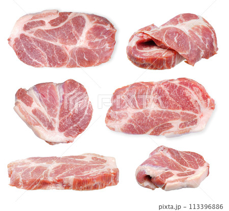 sliced raw pork meat isolated on white background. sliced raw pork meat isolated on white background. 113396886