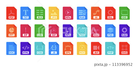 File Type icon set. Popular files format and document. Format and extension of documents. Set of graphic templates audio, video, image, system, archive, code and document file. Vector illustration. File Type icon set. Popular files format and document. Format and extension of documents. Set of graphic templates audio, video, image, system, archive, code and document file. Vector illustration. 113396952