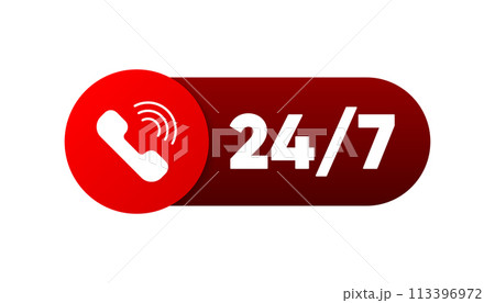 24 7 Service label. Support Service concept. Call icon. Phone Support 24 hours a day and 7 days a week. Vector illustration. 113396972