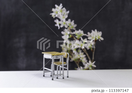学校のイメージ ミニチュアの学校机とイス、黒板、桜の花 学校のイメージ ミニチュアの学校机とイス、黒板、桜の花 113397147