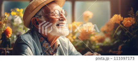 Happy old man as farmer looking at the country farm through the window at home. 113397173