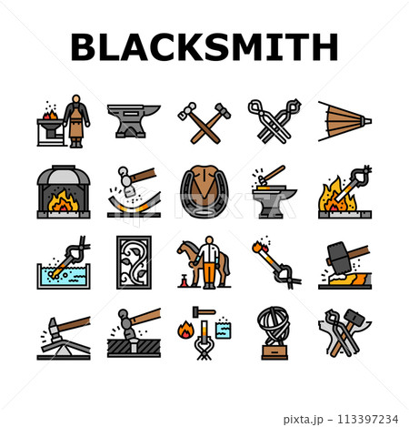 blacksmith forge anvil hammer icons set vector 113397234