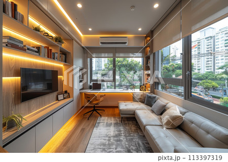 Generative ai illustration of a small study living room with bookcase 113397319