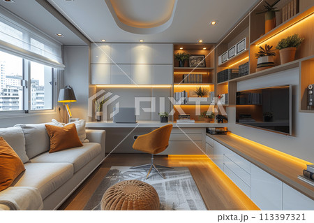 Generative ai illustration of a small study living room with bookcase Generative ai illustration of a small study living room with bookcase 113397321