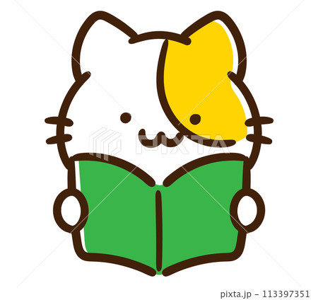 読書をするかわいいねこのキャラクターの上半身イラスト 113397351