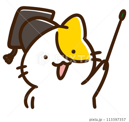 指差し棒を持つかわいい教授ねこの上半身デフォルメイラスト 113397357