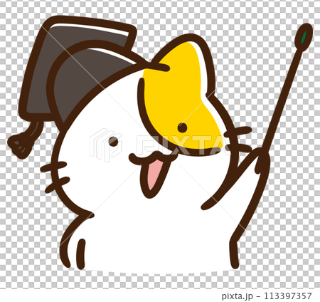 指差し棒を持つかわいい教授ねこの上半身デフォルメイラスト 113397357