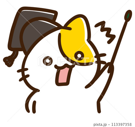 びっくりしながら指差し棒を持つ教授ねこのデフォルメ上半身イラスト びっくりしながら指差し棒を持つ教授ねこのデフォルメ上半身イラスト 113397358