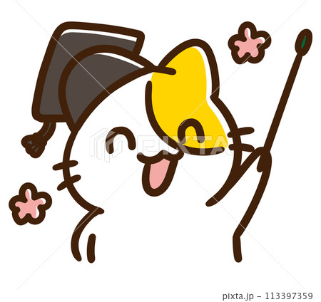ニコニコで指差し棒を持つ教授ねこの上半身デフォルメイラスト ニコニコで指差し棒を持つ教授ねこの上半身デフォルメイラスト 113397359