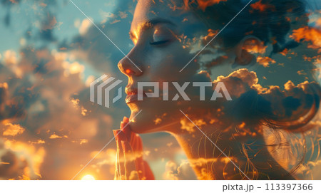 Generative ai illustration of a  woman praying against cloudy sky 113397366