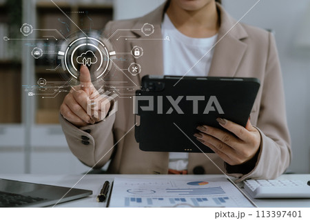 Hand touching Secure Access Service Edge icon on smartphone virtual screen background, password, network, framework and support technology in office. SASE secure access service edge concept. 113397401