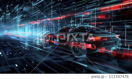 Image of a futuristic electric car with holographic wireframe digital technology background. 113397476