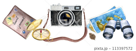Watercolor vintage camera map and binoculars border isolated on white. 113397572
