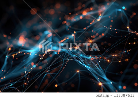 Digital network of interconnected nodes and lines, symbolizing the complexity, fluidity of AI models in data analysis. Dark background with glowing light effects connections between different points 113397613