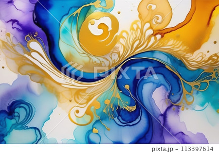 Alcohol ink art full frame background. Currents of blue cyan hues, stains, golden swirls, soft color free-flowing textures. Natural aquarelle abstract fluid painting. Can be used as vertical poster. 113397614