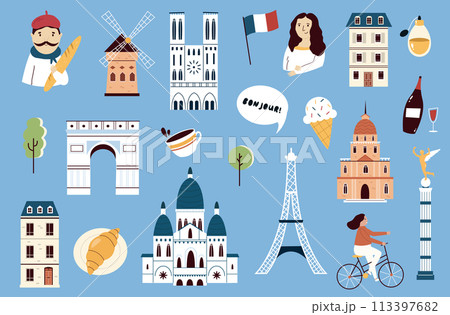 Set of famous symbols, landmarks of Paris Set of famous symbols, landmarks of Paris 113397682