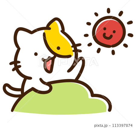 布団から起き上がって挨拶するかわいいねこのキャラクターのデフォルメイラスト 113397874