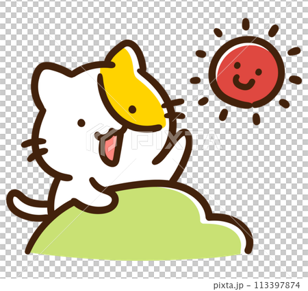 布団から起き上がって挨拶するかわいいねこのキャラクターのデフォルメイラスト 113397874