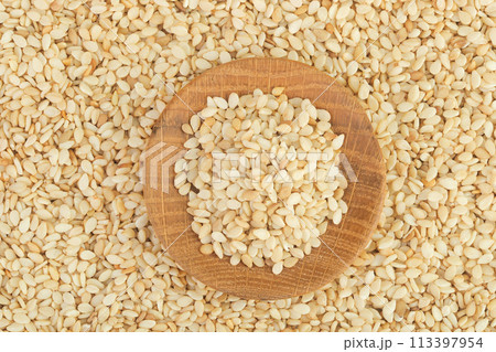 Sesame seeds as a background. Top view. Flat lay Sesame seeds as a background. Top view. Flat lay 113397954